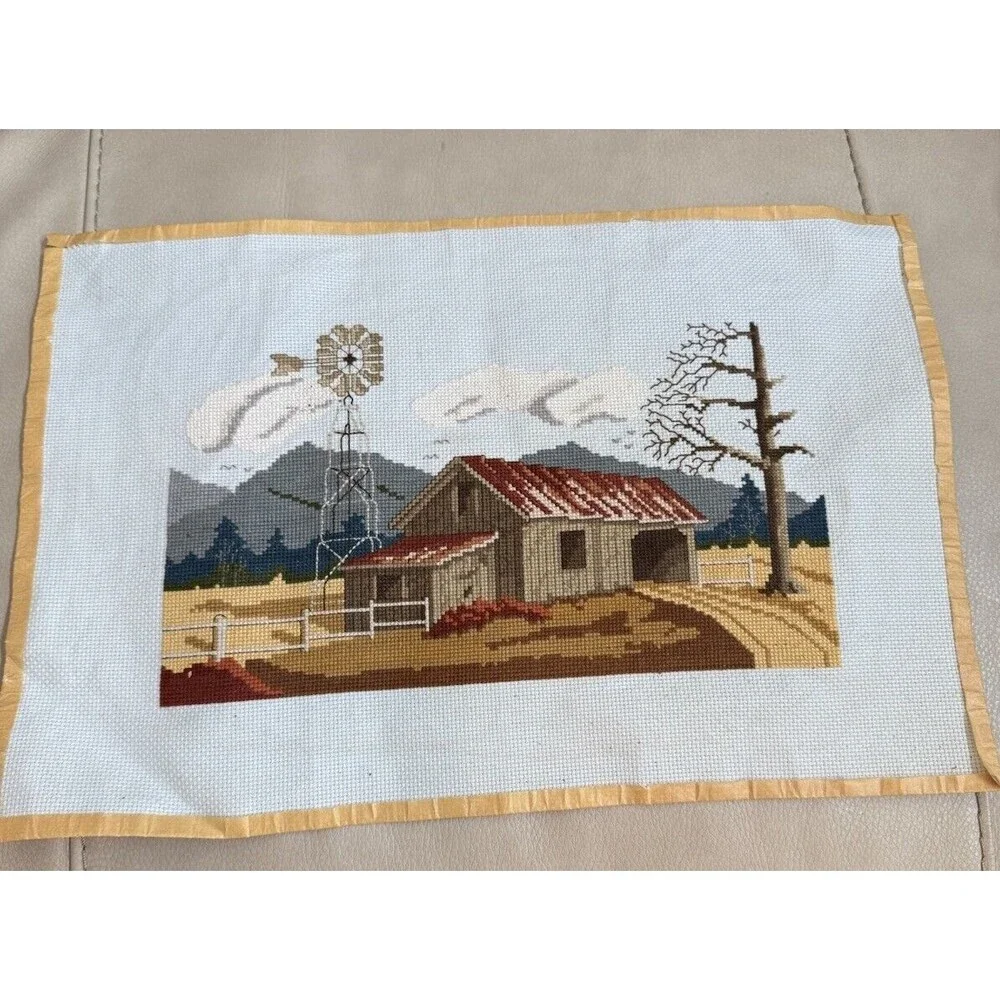 Vintage Large Embroidery Needlepoint 18x12 Crewel Yarn Art Barn And Windmill